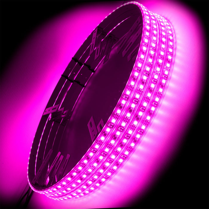 4 wheel rings stacked on top of each other, with pink LEDs.