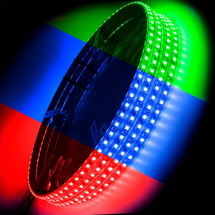 4 wheel rings stacked on top of each other, with red, green, and blue LEDs.