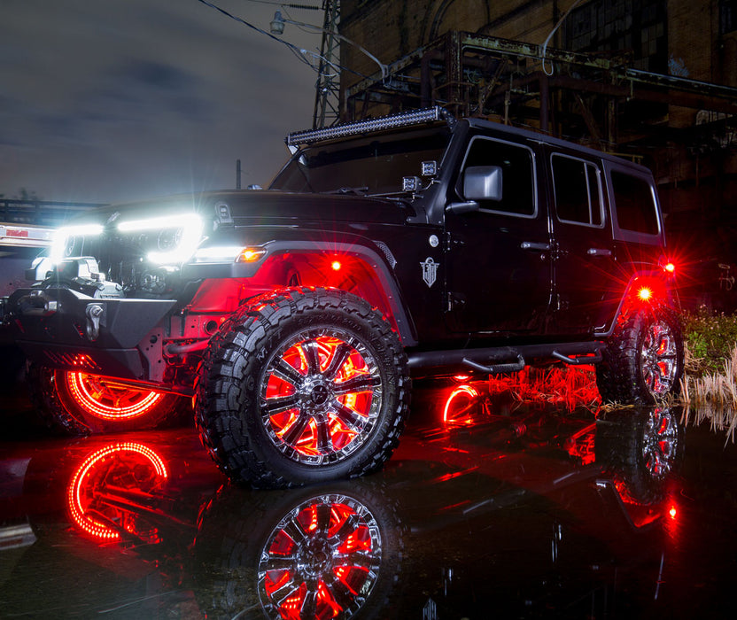 Three quarters view of black Jeep with multiple ORACLE Lighting products installed.