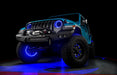 Aqua jeep with blue LED halos and wheel rings.