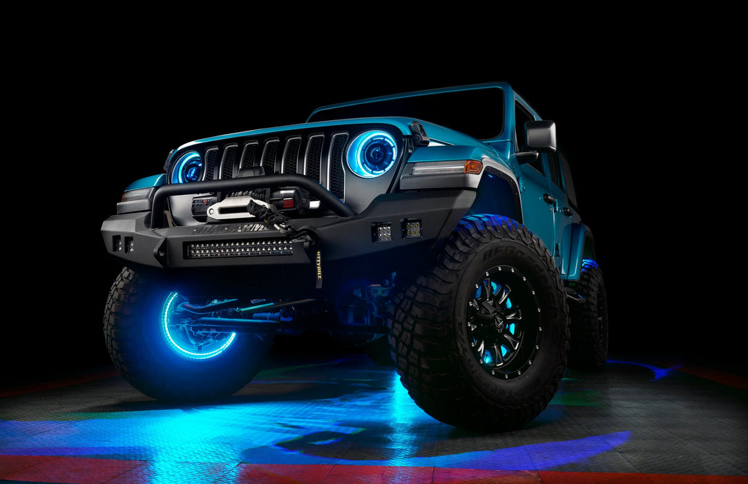 Aqua jeep with cyan LED halos and wheel rings.