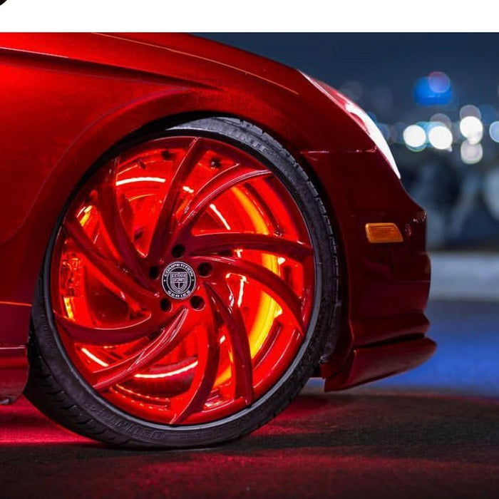 Close-up of a wheel with red LED wheel ring installed.