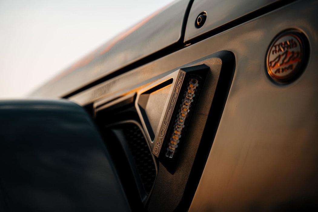 Close-up of Sidetrack™ LED Fender Lighting System installed on a Jeep Wrangler JK.