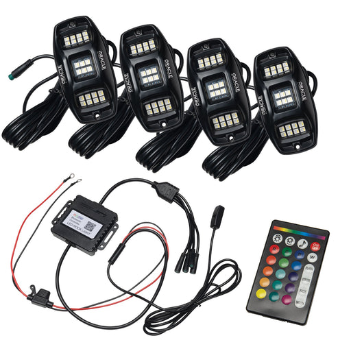 4 piece rock light kit with wiring hub and controller.
