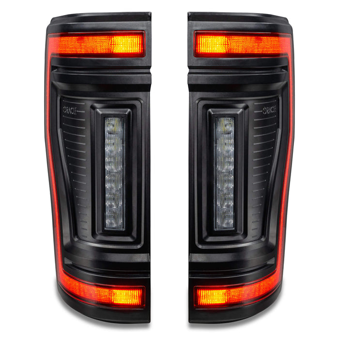 Straight front view of Flush Mount LED Tail Lights for 2017-2022 Ford F-250/350 Superduty with DRLs on.