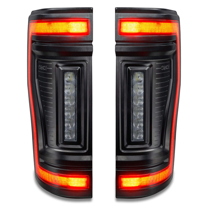 Straight front view of Flush Mount LED Tail Lights for 2017-2022 Ford F-250/350 Superduty with brake lights on.