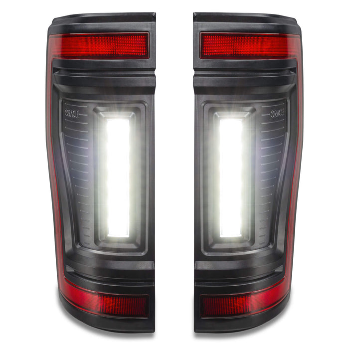 Straight front view of Flush Mount LED Tail Lights for 2017-2022 Ford F-250/350 Superduty with reverse lights on.