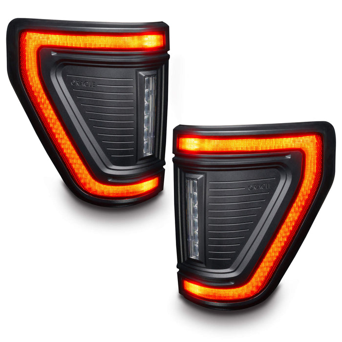 Angled product view of Flush Style LED Tail Lights for 2021-2024 Ford F-150 with brake lights on