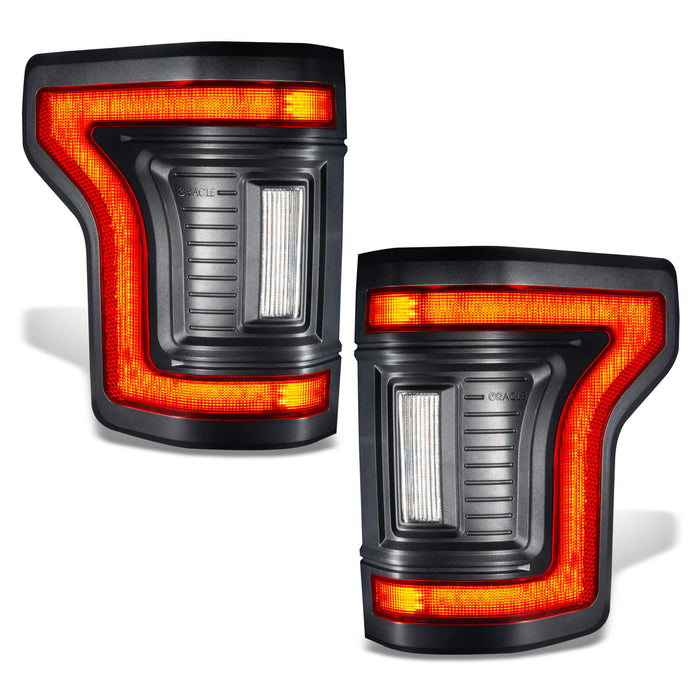 Angled view of Flush Style LED Tail Lights for 2015-2020 Ford F-150 with running lights on