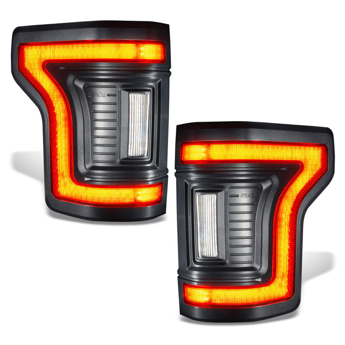 Angled view of Flush Style LED Tail Lights for 2015-2020 Ford F-150 with brake lights on