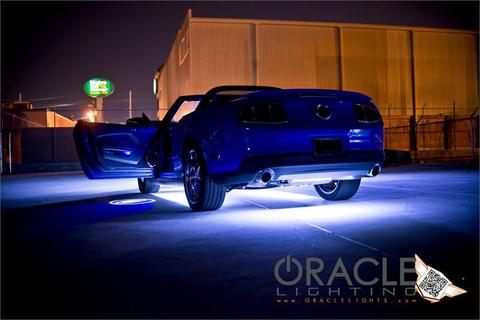Mustang outdoors with LED underglow.