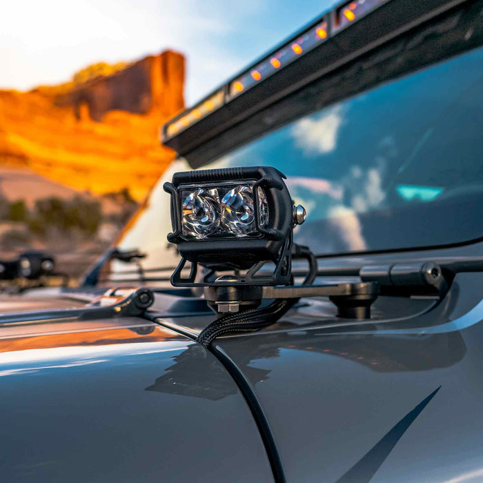 Close-up view of VEGA Series 2 installed on the hood of a Jeep Gladiator JT.