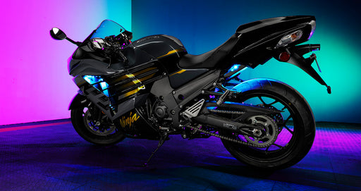 Ninja motorcycle with LED lighting in front and rear.