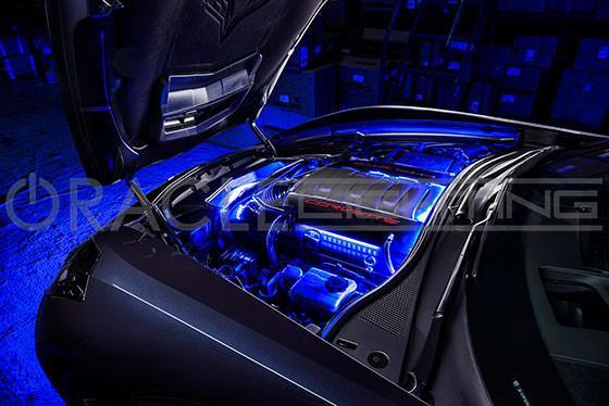 Top view of engine bay with blue LED lighting.