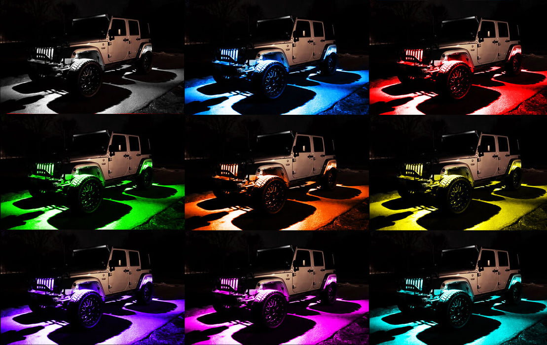Grid view of all rock light colors installed on a Jeep.