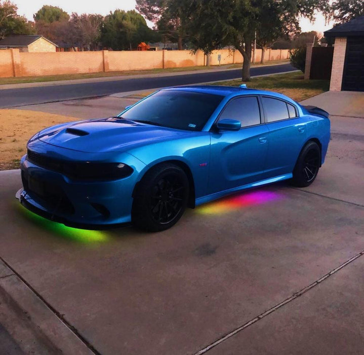 Blue Charger with rainbow LED underglow.