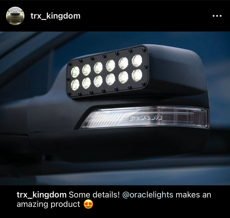 A screenshot of an instagram post from trx_kingdom, showing a close-up view of the LED Off-Road Side Mirror Ditch Lights installed on a TRX. The caption reads "Some details! @oraclelights makes an amazing product."