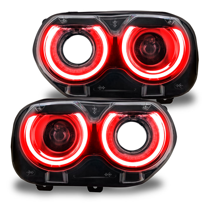 Dodge Challenger headlights with red DRLs.