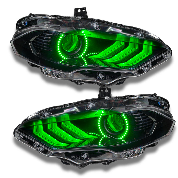 Ford Mustang headlights with green halos and DRLs.