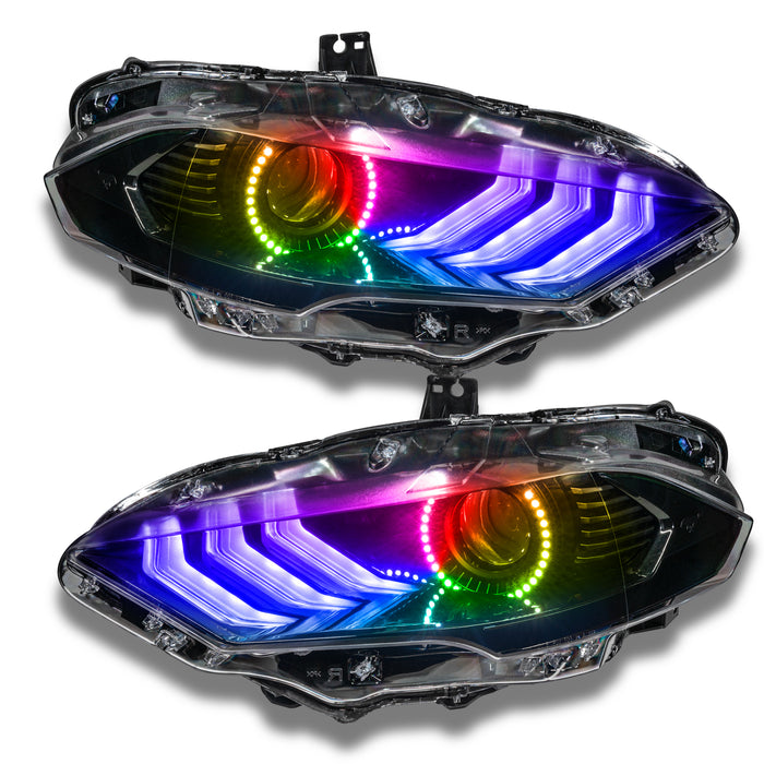 Ford Mustang headlights with rainbow halos and DRLs.