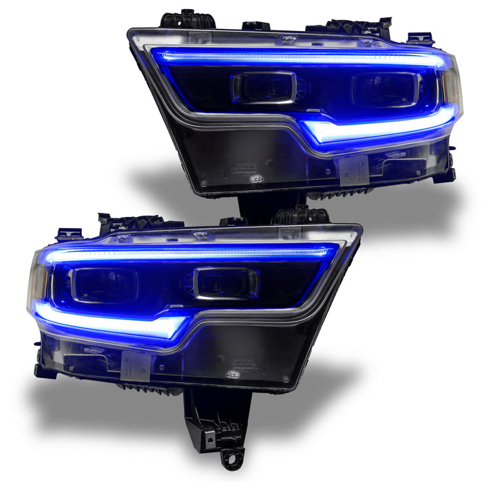 Ram 1500 headlights with blue DRLs.