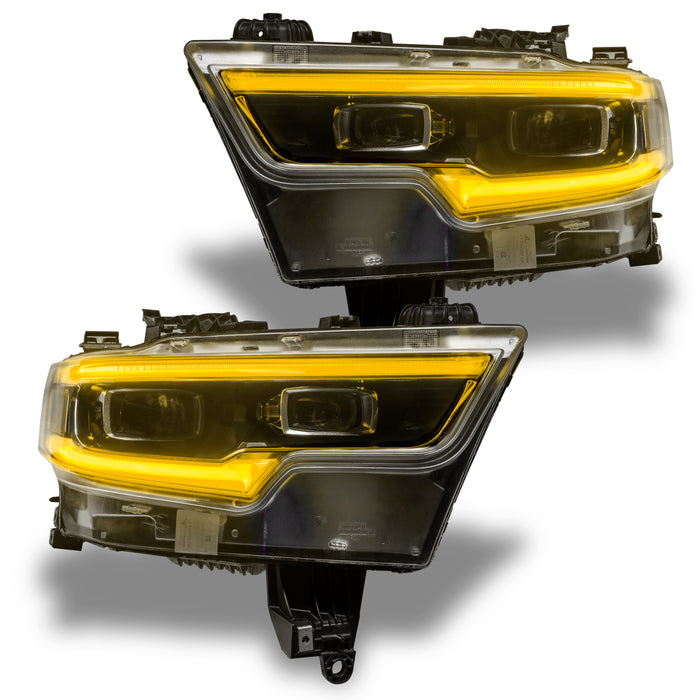 Ram 1500 headlights with yellow DRLs.