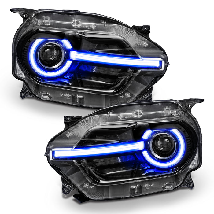 Ford Bronco Sport headlights with blue halos and DRLs.