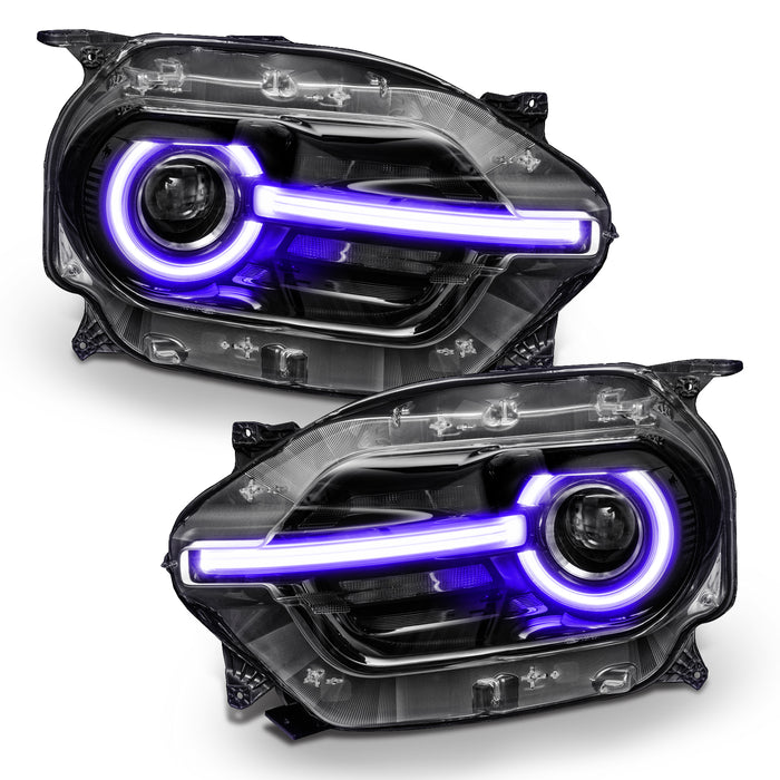 Ford Bronco Sport headlights with purple halos and DRLs.