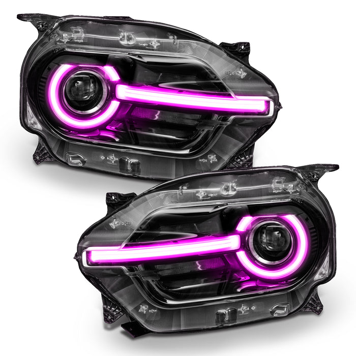 Ford Bronco Sport headlights with pink halos and DRLs.