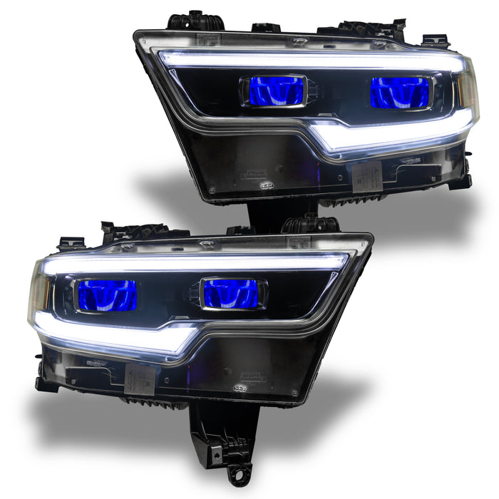 Ram 1500 headlights with blue demon eye projectors.