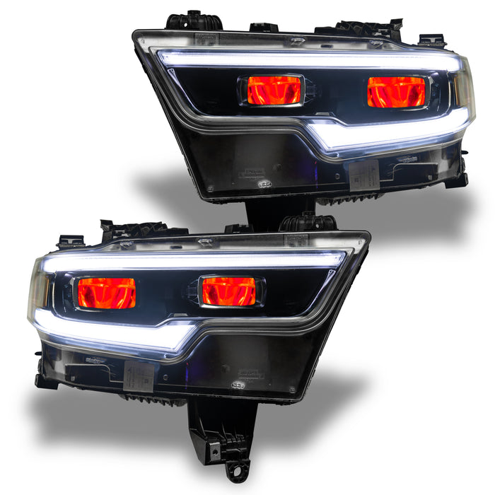 Ram 1500 headlights with red demon eye projectors.