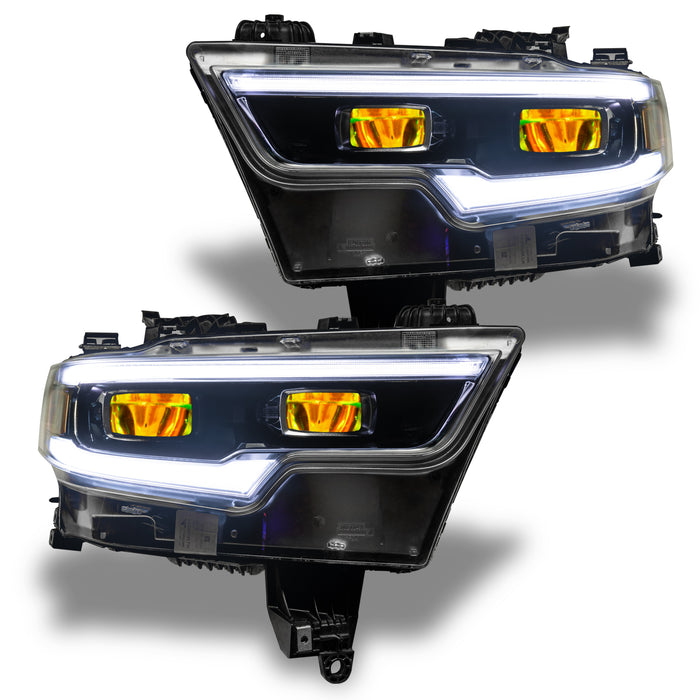 Ram 1500 headlights with yellow demon eye projectors.