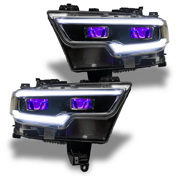 Ram 1500 headlights with purple demon eye projectors.