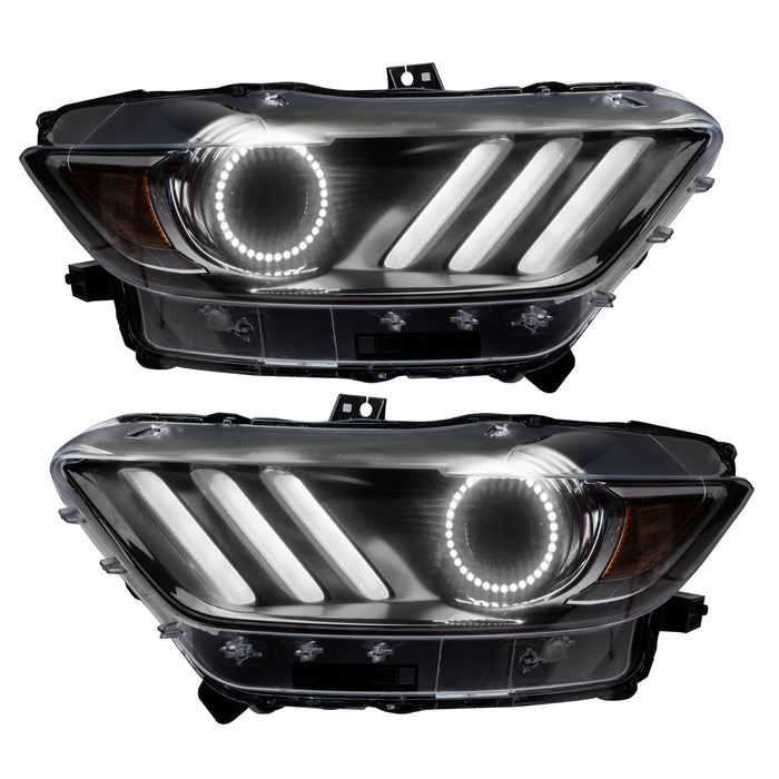 Ford Mustang headlights with white halos and DRLs.