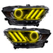 Ford Mustang headlights with yellow halos and DRLs.