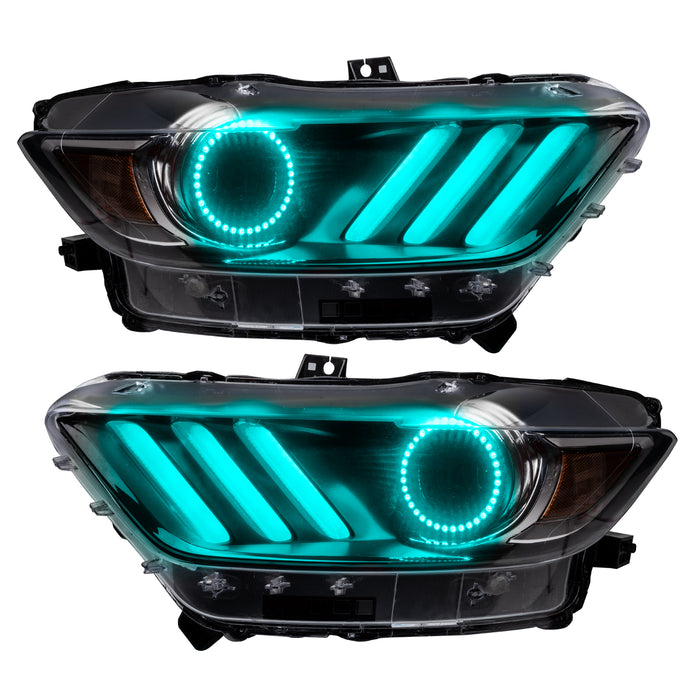 Ford Mustang headlights with cyan halos and DRLs.