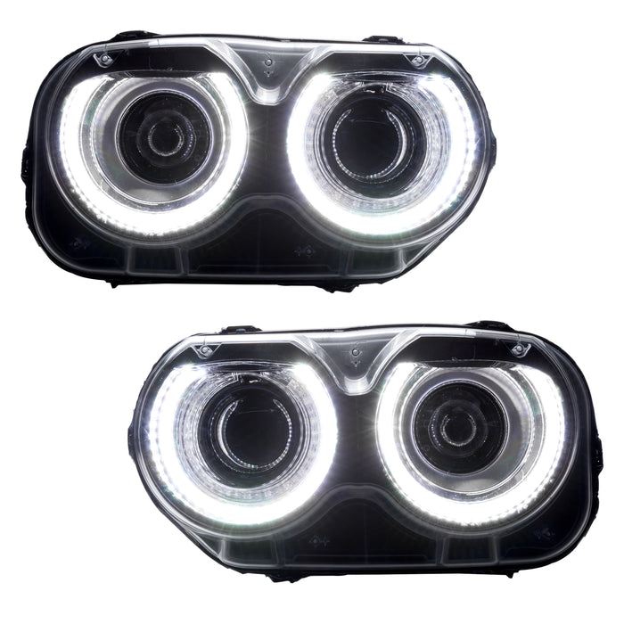 Dodge Challenger headlights with white LED halo rings.