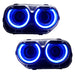 Dodge Challenger headlights with blue LED halo rings.