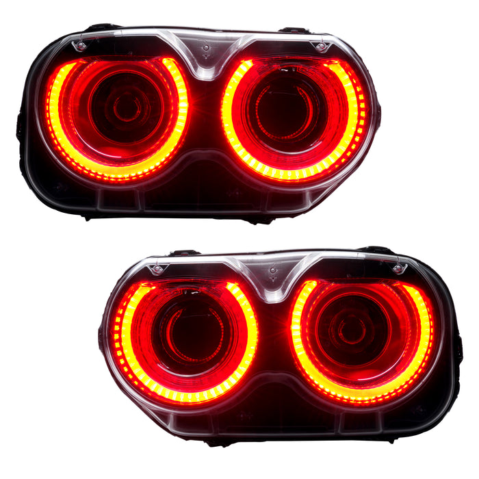 Dodge Challenger headlights with red LED halo rings.