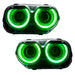 Dodge Challenger headlights with green LED halo rings.