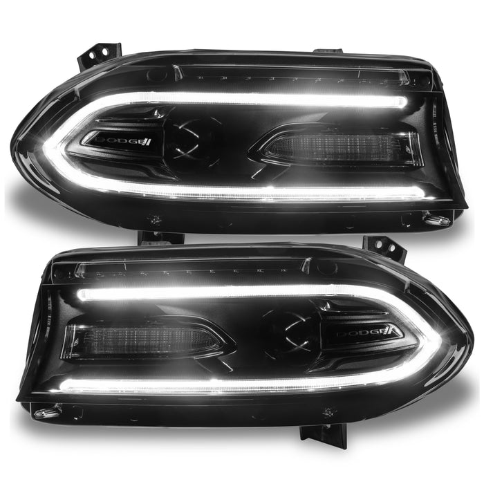 Dodge Charger headlights with white DRLs.