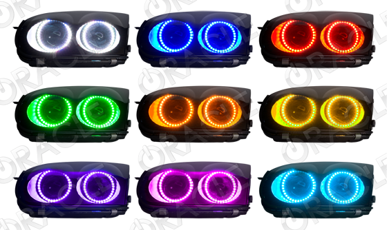 Grid view of Mitsubishi 3000GT headlights showing different LED halo colors.
