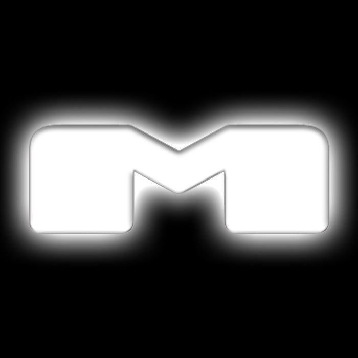 The letter "M" White LED Illuminated Letter Badge with matte white finish.