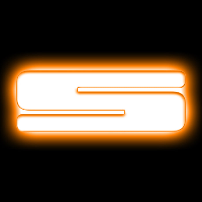 The letter "S" Amber LED Illuminated Letter Badge with matte white finish.