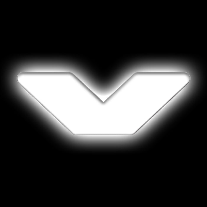 The letter "V" White LED Illuminated Letter Badge with matte white finish.