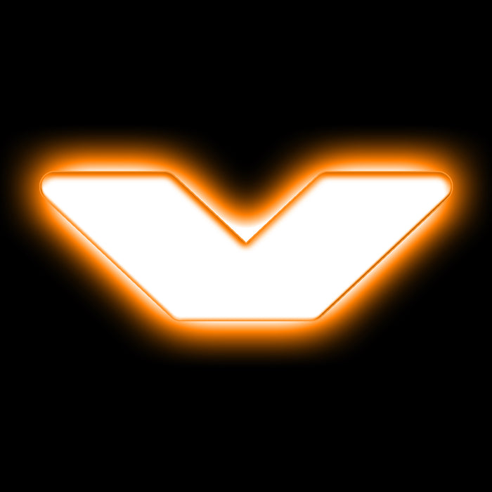 The letter "V" Amber LED Illuminated Letter Badge with matte white finish.