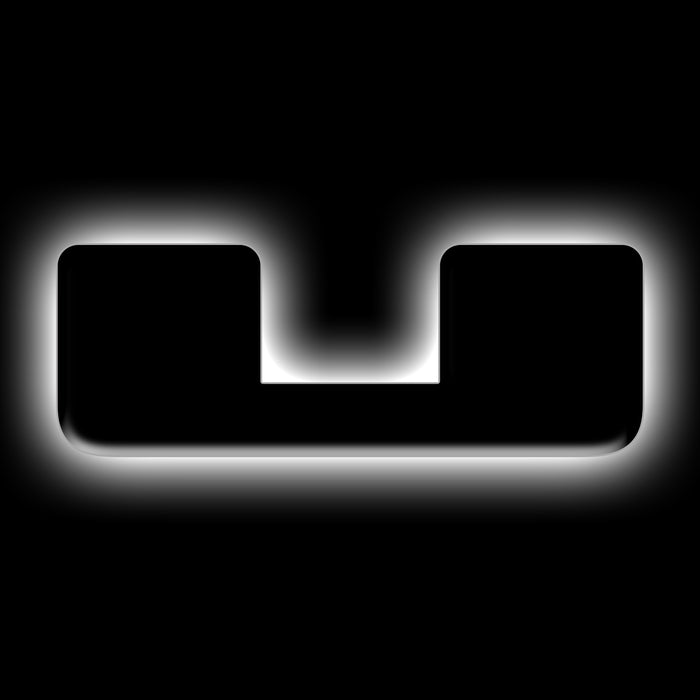 The letter "U" White LED Illuminated Letter Badge with matte black finish.
