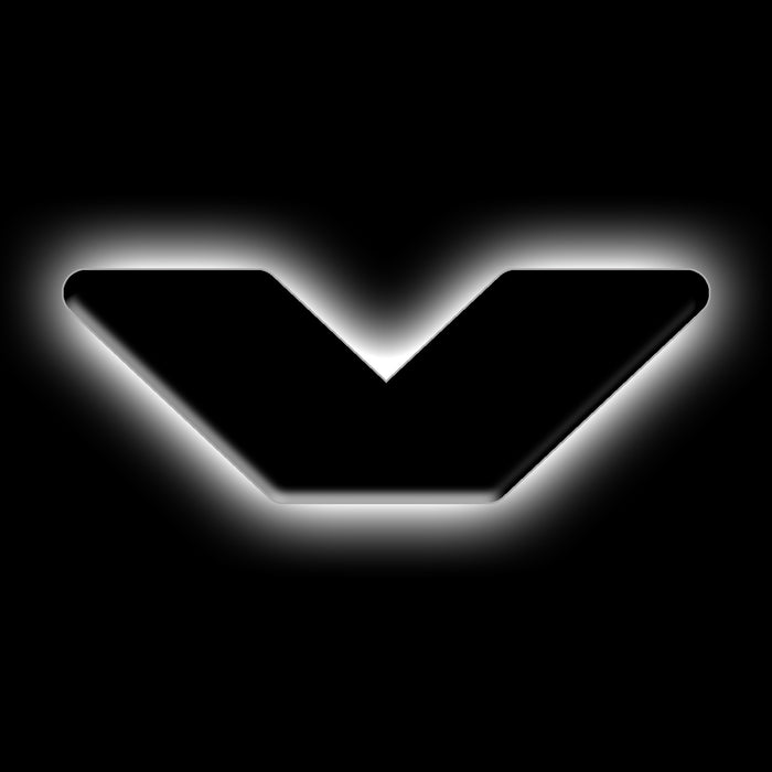 The letter "V" White LED Illuminated Letter Badge with matte black finish.