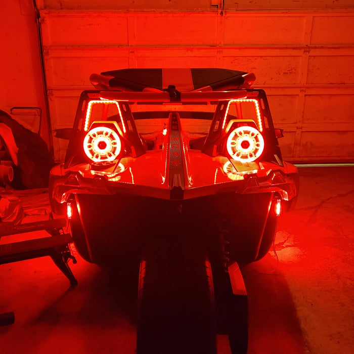 Rear view of a Polaris Slingshot with red LED accent strips.