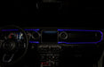 View of a Jeep dashboard from the backseat, with purple fiber optic lighting installed.